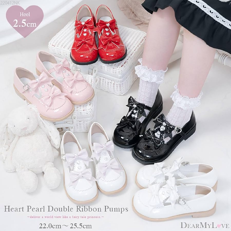 pium ダブルリボンエナメルパンプス ブラック×ピンク 量産型 ダブルリボンエナメルパンプス – pium